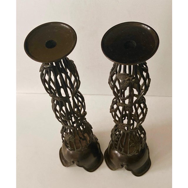 Japanese 1940s Japanese Bronze Candle Stands/Holders a Pair For Sale - Image 3 of 7