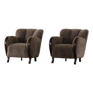 Danish Modern Art Deco Lounge Chairs in Lambswool and Birch, 1940s, Set of 2 For Sale