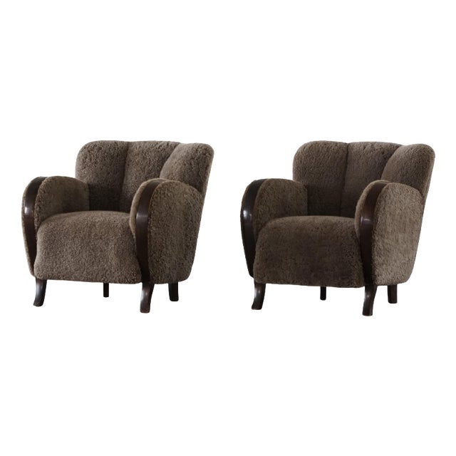 Danish Modern Art Deco Lounge Chairs in Lambswool and Birch, 1940s, Set of 2 For Sale