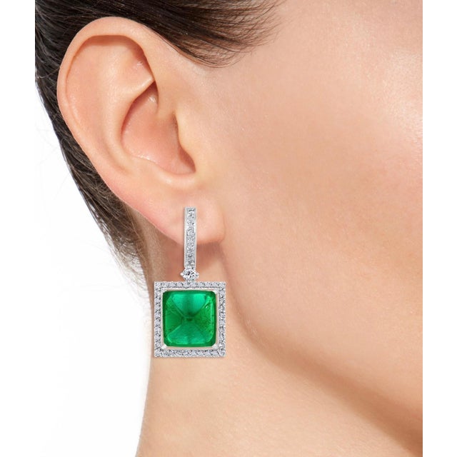 32Carat Natural Zambian Emerald Sugar Loaf Cabochon & Diamond/Drop Earrings 18KG For Sale - Image 10 of 18