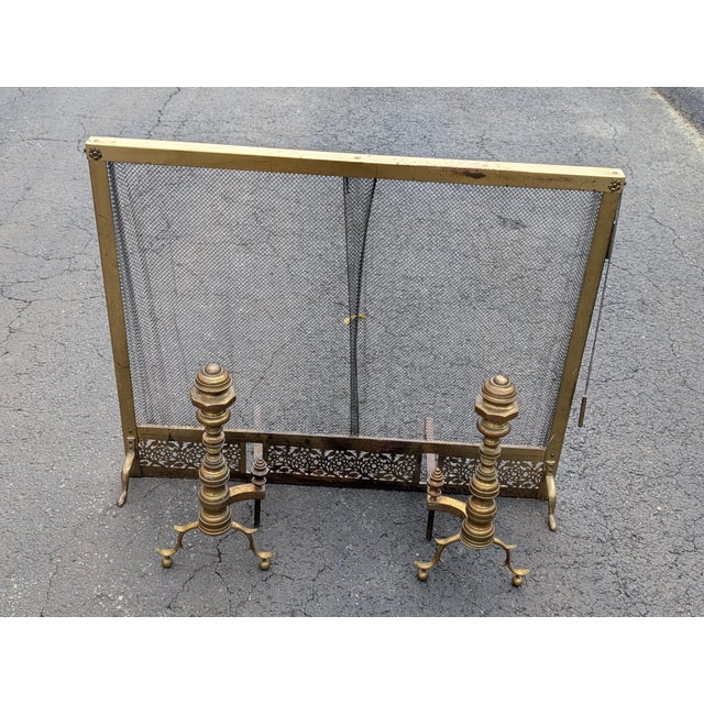 Mid 20th century Hollywood Regency Brass Fireplace Andirons With Flex Screen For Sale - Image 11 of 11