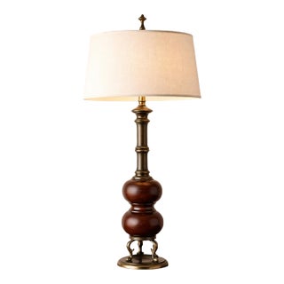 1970s Sculptural Faux Bois & Brass Table Lamp — Tall 38” Statement Lamp With Claw Foot Base For Sale