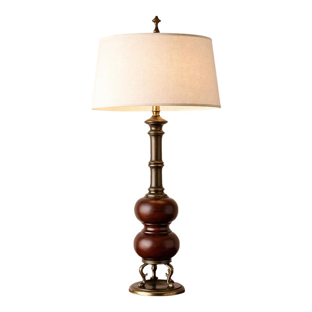 Sku: L279 Title: Vintage 1970s Sculptural Faux Bois & Brass Table Lamp — Tall 38” Statement Lamp With Claw Foot Base For Sale