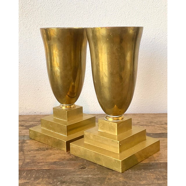 Metal Vintage Brass Pedestal Urns - A Pair For Sale - Image 7 of 12