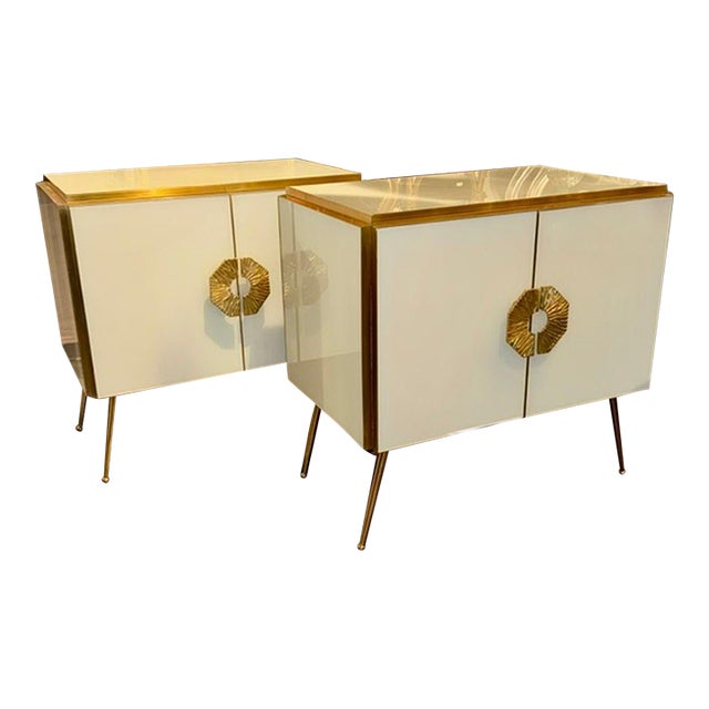 Pair of Murano White Glass and Brass Side Tables For Sale