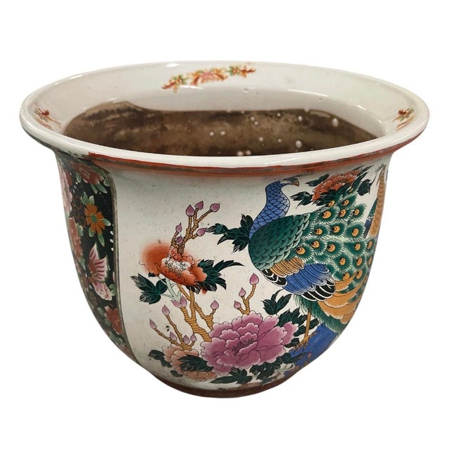 Chinoiserie Vintage Chinoiserie Ceramic Peacock and Peony Fishbowl Jardinier Vase For Sale - Image 3 of 12