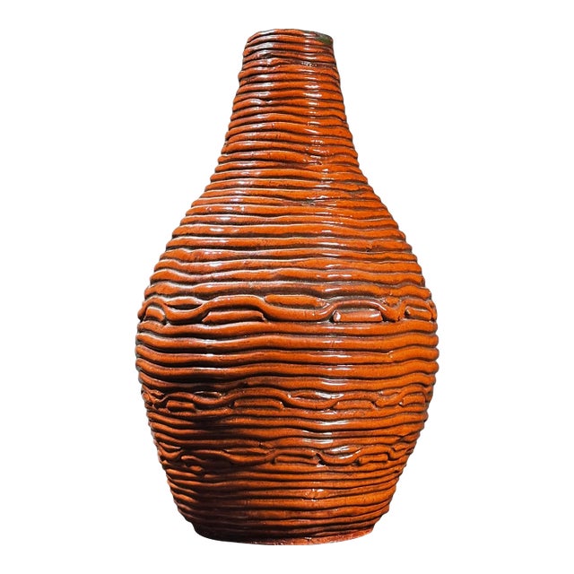 Vintage Hand Coiled Orange Postmodernist Glazed Ceramic Vase, Signed (1973) For Sale