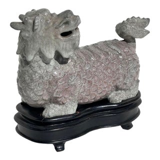 Old Chinese Pottery Mythical Qilin Beast Pottery Figure on Fitted Base For Sale