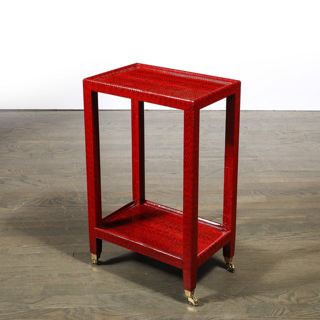 1980s Mid-Century Side Table in Smoked Ruby Cobra With Brass Castors by Karl Springer For Sale - Image 5 of 15