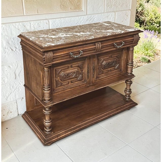 19th Century French Neoclassical Henri II Marble Top Walnut Buffet For Sale In Baton Rouge - Image 6 of 18