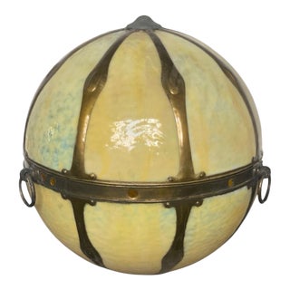 Antique Stained Glass and Brass Globe Sphere Pendant Light Shade Tiffany Style For Sale