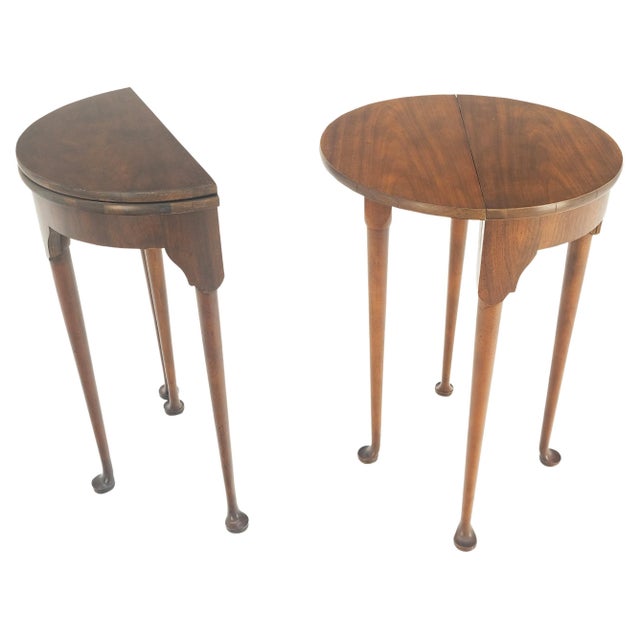 Wood Pair Walnut Baker Demilune Flip Top Round End Side Console Occasional Table MINT For Sale - Image 7 of 12