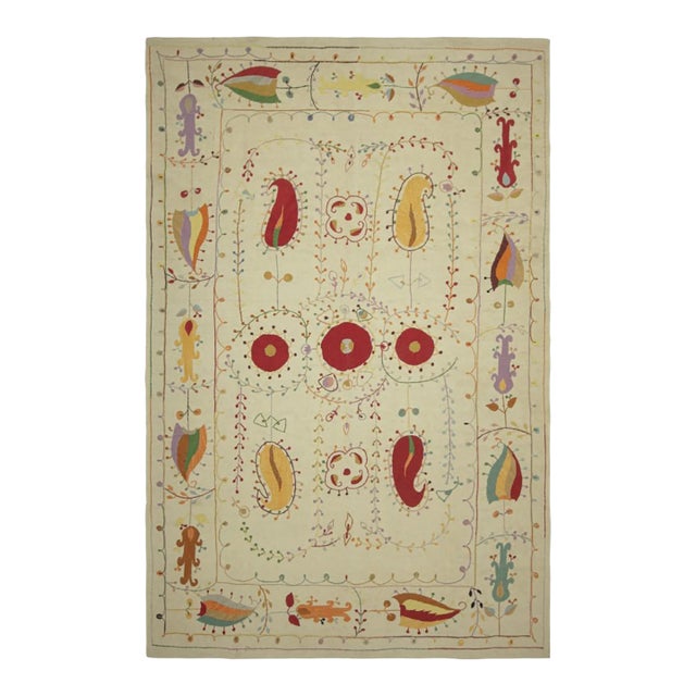 Rug & Kilim’s Suzani Style Kilim in Cream With Polychrome Paisleys and Florals For Sale