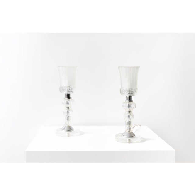 French Table Lamps in Sandblasted Glass, Glass and Chrome by Eric Katz, 20th Century, Set of 2 For Sale - Image 3 of 11