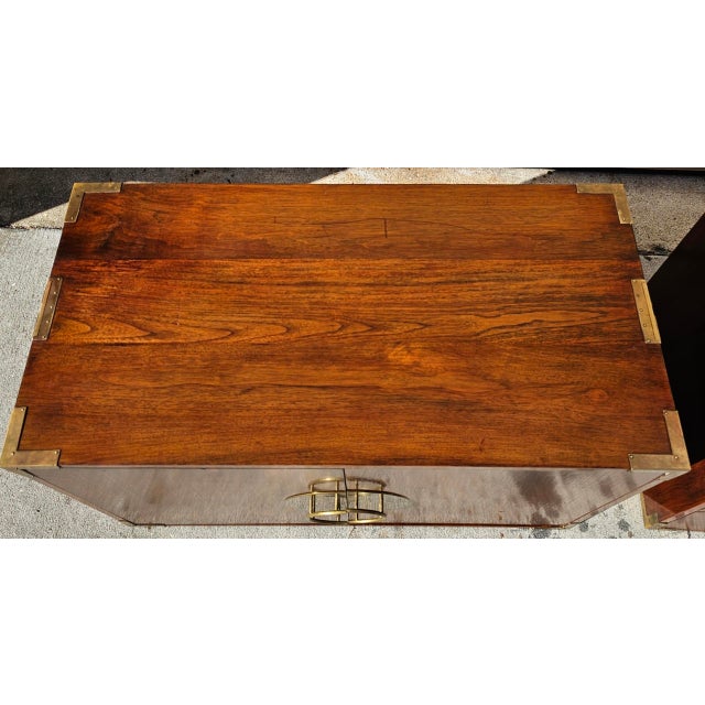 Mid-Century Set of 2 Stackable Chinoiserie Rosewood Campaign Style Cabinet and Chest of Drawers With Retractable Pull-Up Side Handles For Sale - Image 10 of 12