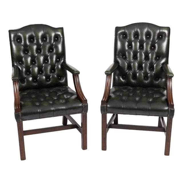 Vintage English Green Gainsborough Leather Desk Chairs, Set of 2 For Sale
