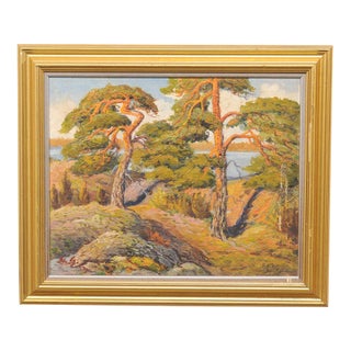 Mid 20th Century Swedish Coastal Painting W/ Wind Swept Trees For Sale