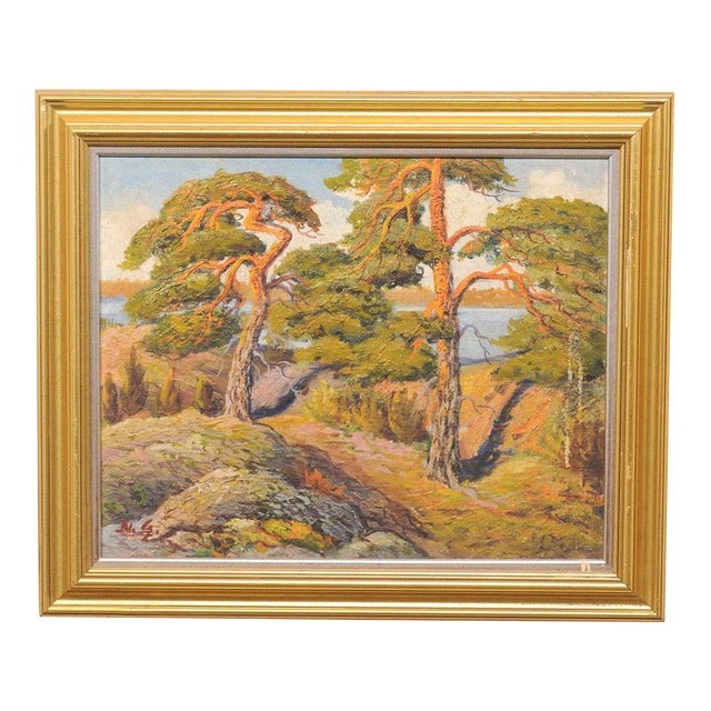 Mid 20th Century Swedish Coastal Painting W/ Wind Swept Trees For Sale