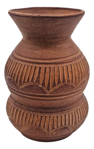 Tribal Style Terra Cotta Gourd Vase With Hand-Etched Geometric Motif