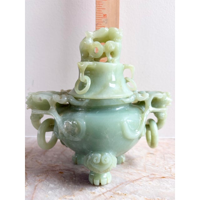 Asian Antique Chinese Qing Dynasty Celadon Jade Incense Burner With Stand & Case 1910 For Sale - Image 3 of 12