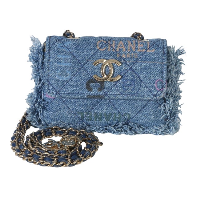 Blue Quilted Denim Denim Mood Clutch With Chain For Sale