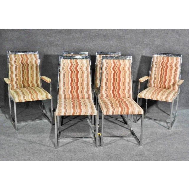 Set of six Milo Baughman style dining chairs with polished chrome frames.