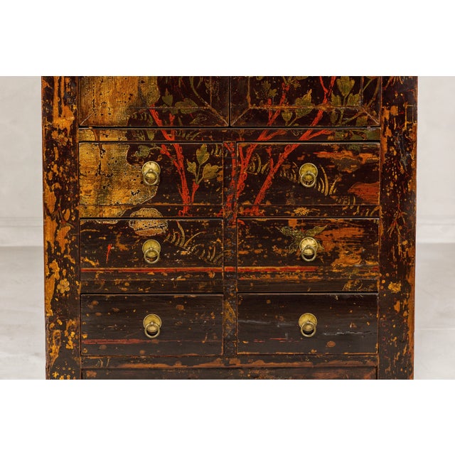 Wood Qing Dynasty Hand-Painted Cabinet with Floral Décor, Doors and Drawers For Sale - Image 7 of 12