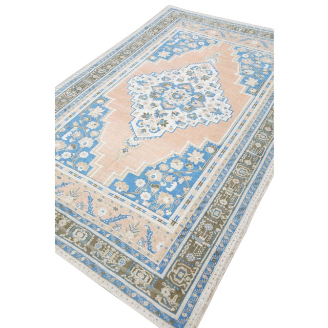 Turkish Oushak Rug Blue & Peach Handwoven Wool Rug 5'8" x 8'10" This Turkish Oushak rug is crafted from handwoven wool...