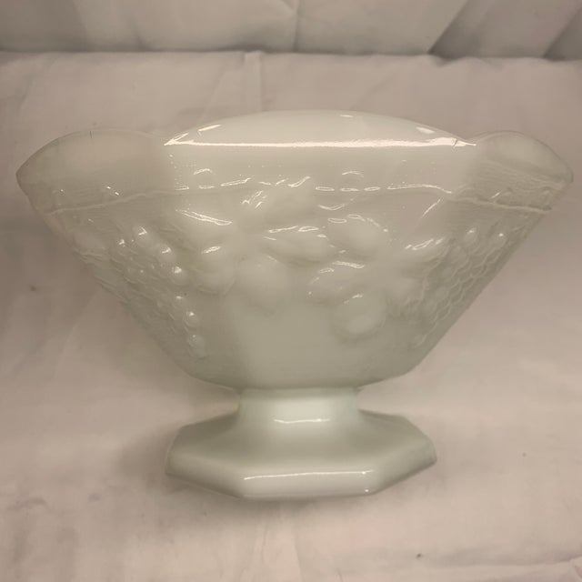 Glass Vintage Anchor Hocking Harvest Grape Milk Glass Pedestal Bowl For Sale - Image 7 of 7