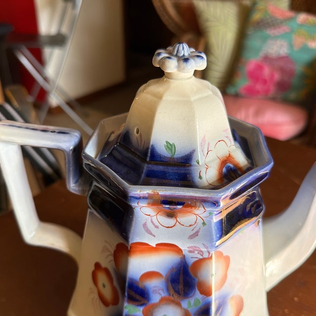 Farmhouse Antique Gaudy Welsh Crescent Pinwheel Flow Blue Teapot With Lid, Circa 1840s For Sale - Image 3 of 12
