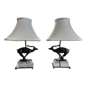 Vintage 1970s Pair Mid-Century Modern Hollywood Regency French Bronze and Crystal Antelope/ Deer Table Lamps