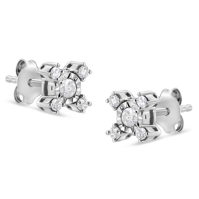 Contemporary .925 Sterling Silver 1/4 Cttw Miracle Plate Set Round and Princess-Cut Diamond "X" Shaped Stud Earrings (I-J Color, I2-I3 Clarity) For Sale - Image 3 of 6