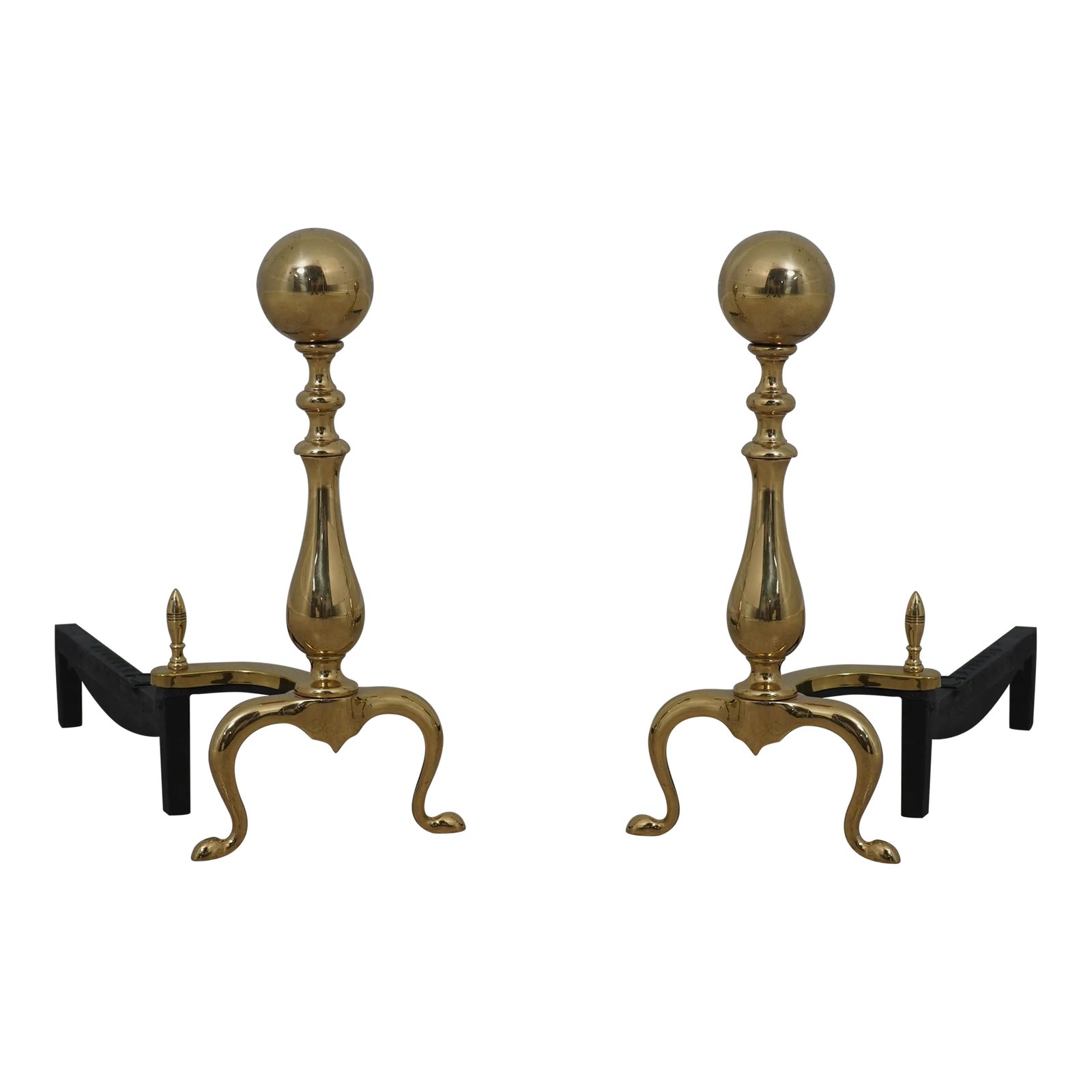 Pair Brass Cannonball Fireplace Andirons Chairish