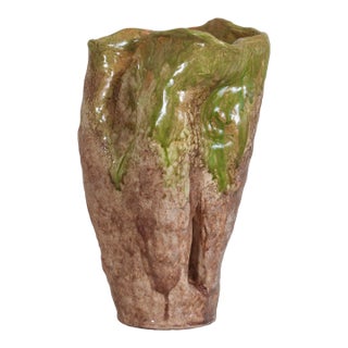 Vintage Sculptural Earth Tone Wabi Sabi Large Organic Studio Pottery Vase With Drip Glaze For Sale