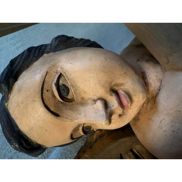 Wood 19th Century Large Polychrome Italian Wooden Carved Putto Angel For Sale - Image 7 of 14