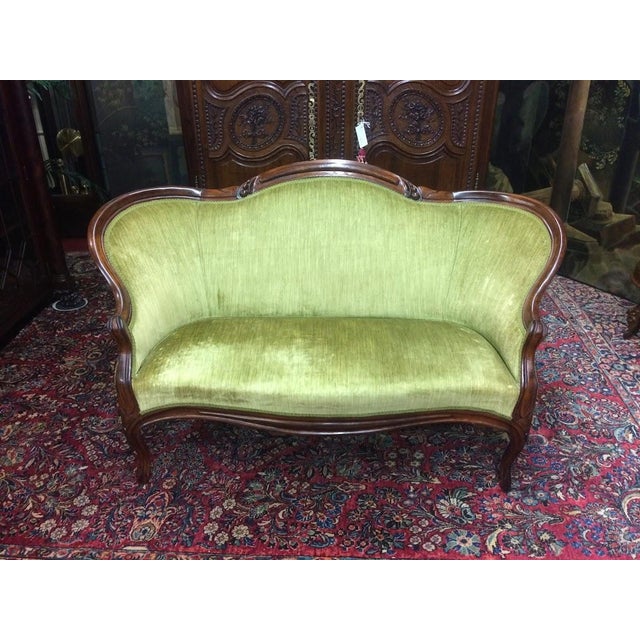 Antique Settee, Apple Green Victorian Settee For Sale - Image 6 of 11