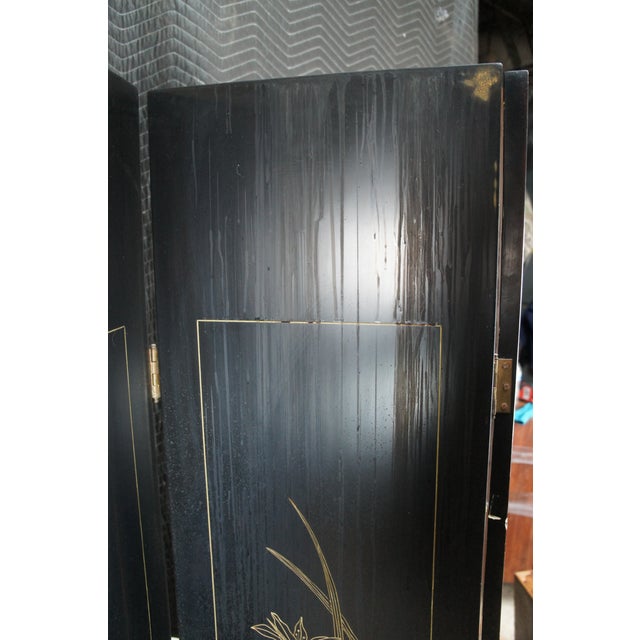Vintage Chinese Black Lacquer 4 Panel Hand Painted Folding Screen Room Divider For Sale - Image 15 of 18