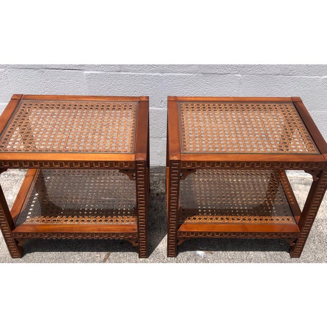 Pair Vintage Mid Century Cane & Glass Side/End Tables For Sale - Image 4 of 18