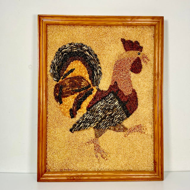 American 1950s Vintage Boho Chic Americana Folk Art Framed Rooster Seed Collage For Sale - Image 3 of 14