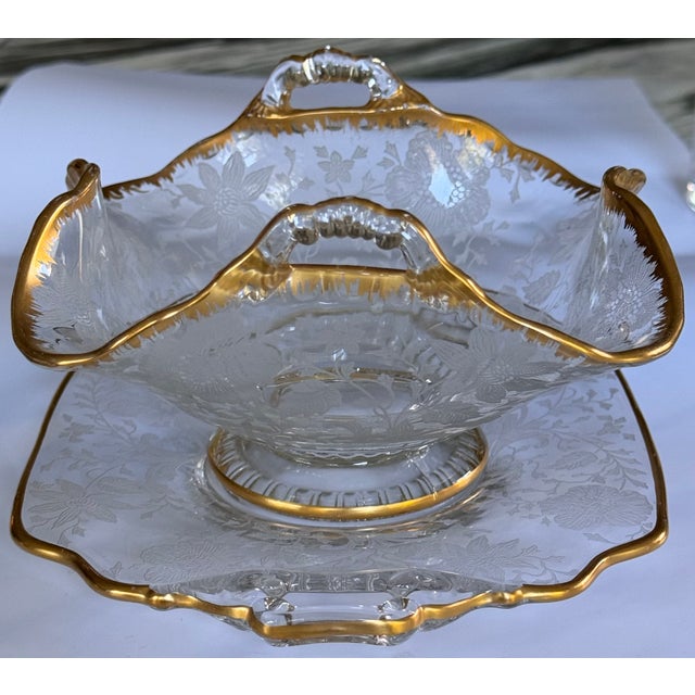 Cambridge Glass Company Gold Gilt Cambridge Wildflowers Bon Bon Plate & Basket Depression Glass - Two Pieces For Sale - Image 4 of 12