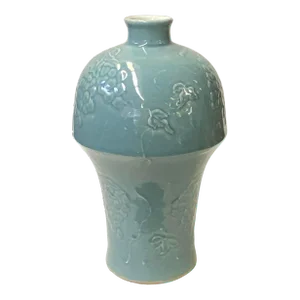 Handmade Oriental Pastel Blue Porcelain Vase With Grapes Motif