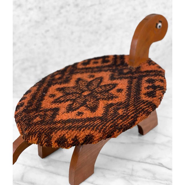 1970s Vintage Boho Orange Argyle Wood Carved Turtle Footstool Ottoman For Sale - Image 5 of 9