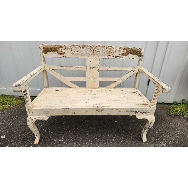 Vintage French Country Distressed Cream Painted Carved Wood Settee With Custom Toile Cushion For Sale - Image 4 of 15