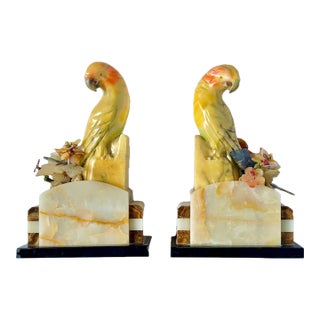 Pair Art Deco Jadeite & Multi-Stone Parrot Bookends For Sale