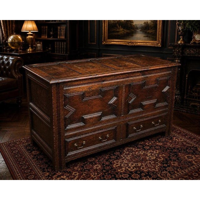 Large Victorian Oak Mule Chest Coffer with Drawers & Carved Initials For Sale - Image 3 of 12