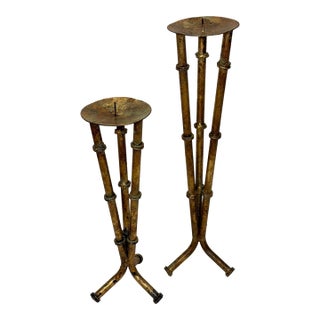 Vintage Hand Gilt Faux Bamboo Tole Candle Holders - Newly Painted For Sale