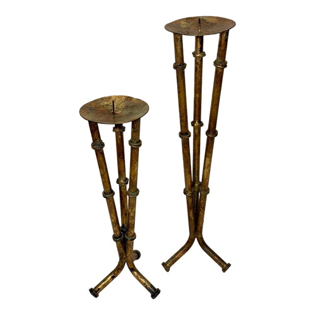Vintage Hand Gilt Faux Bamboo Tole Candle Holders - Newly Painted For Sale