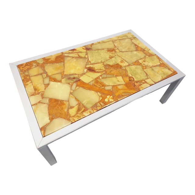 Large Vintage Coffee Table in Chrome Metal, Yellow Onyx Type and Resin, 1970s For Sale