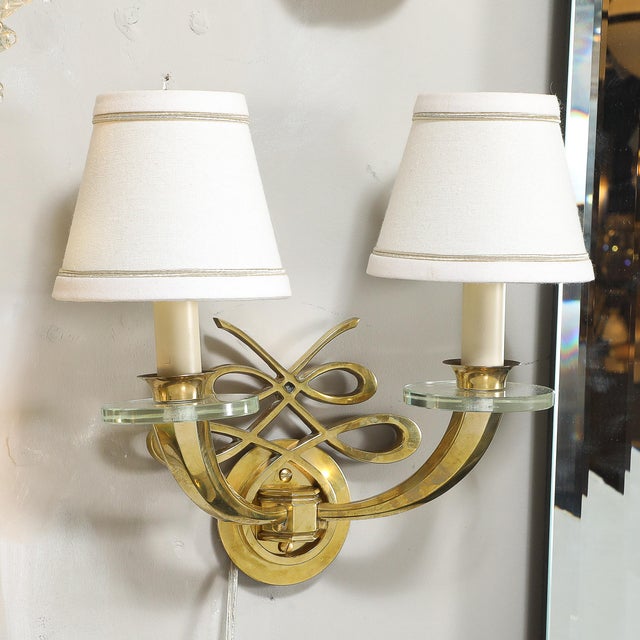 Pair of Art Deco Jules Leleu Polished Brass & Glass Ribbon Sconces For Sale - Image 10 of 12