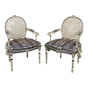 Fantastic Pair of Black and Creme Paint Decorated Distressed Louis XVI Armchairs